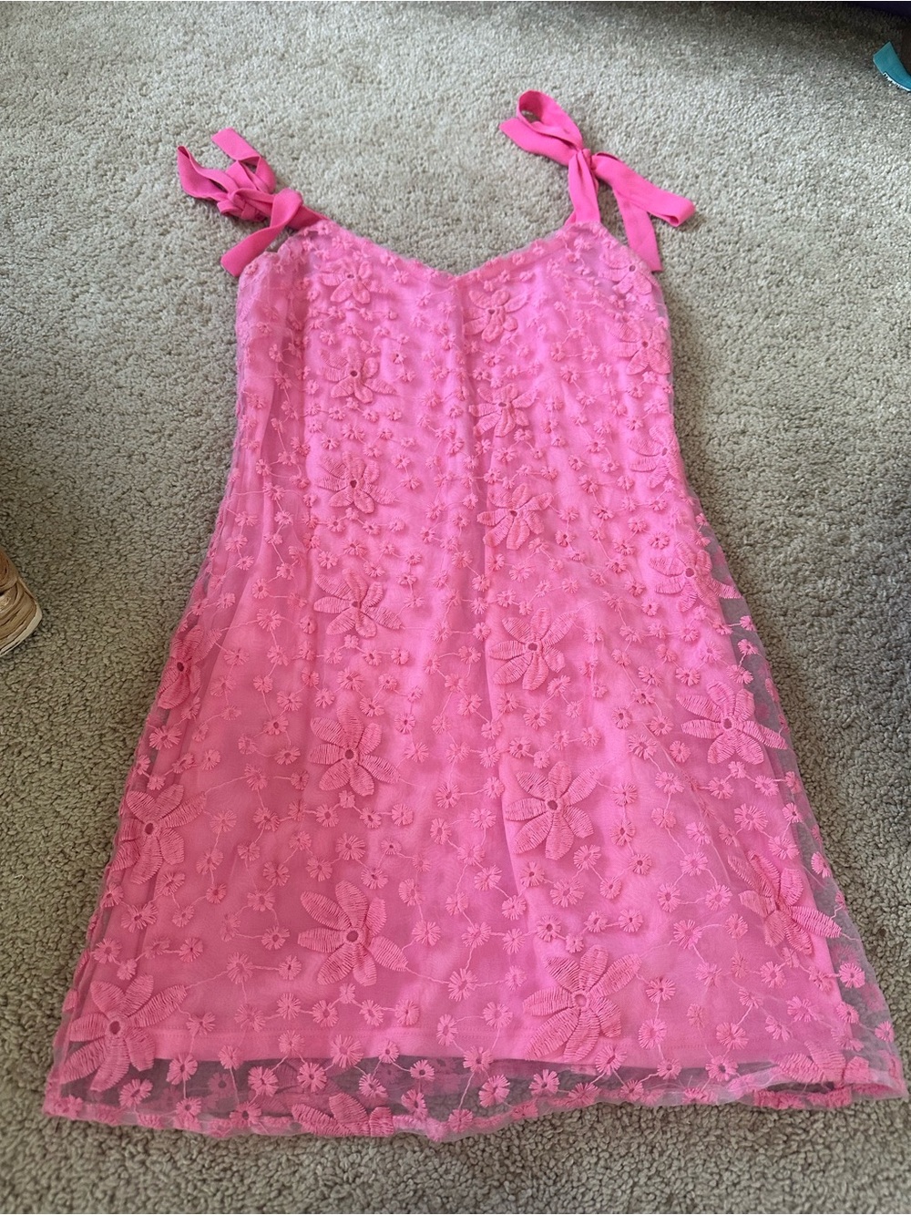 Francesca's Collections Bright Pink Floral Lace Tie-Shoulder Mini Dress